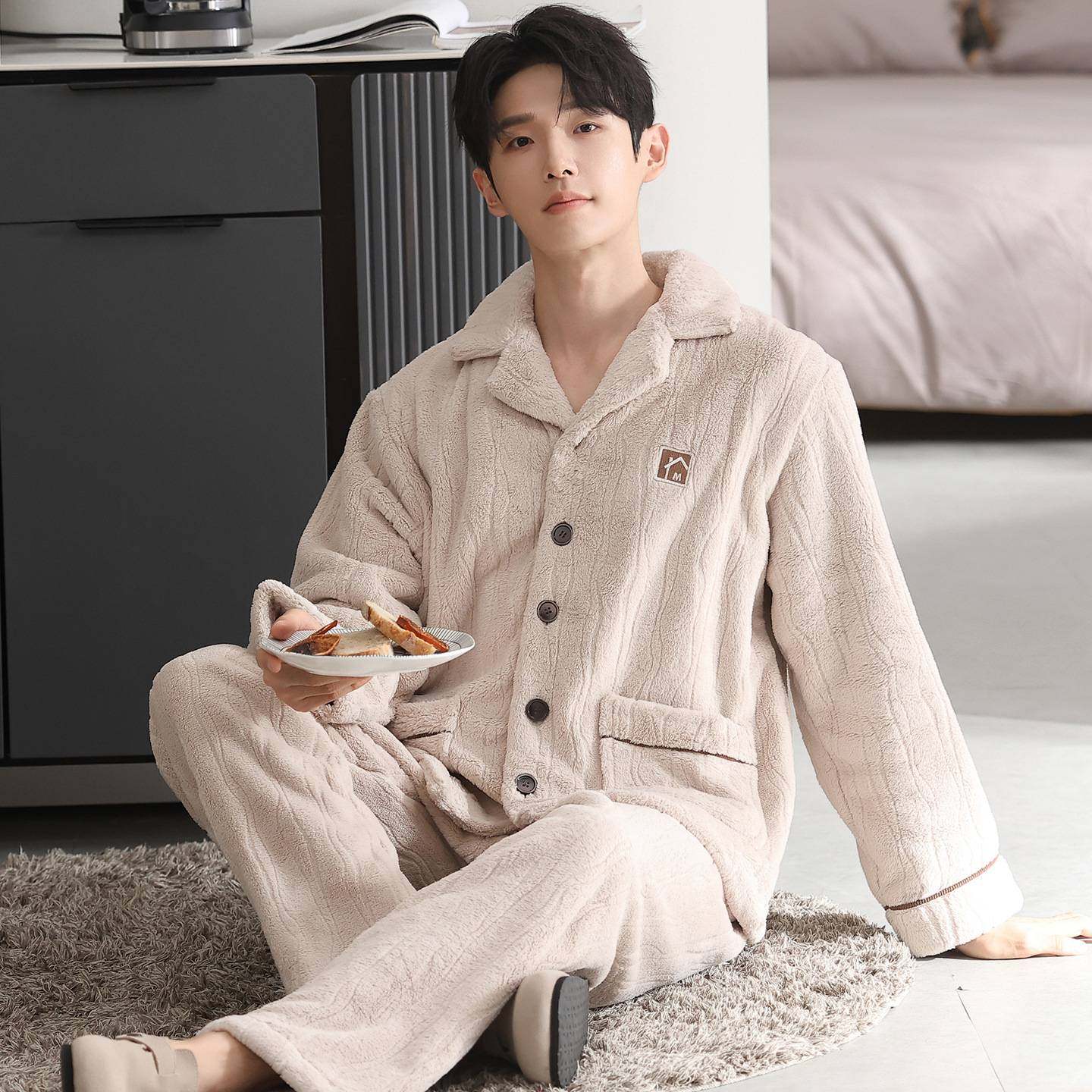 官方正品睡衣男款长袖加绒加厚可外穿冬季珊瑚绒保暖开衫男士家居
