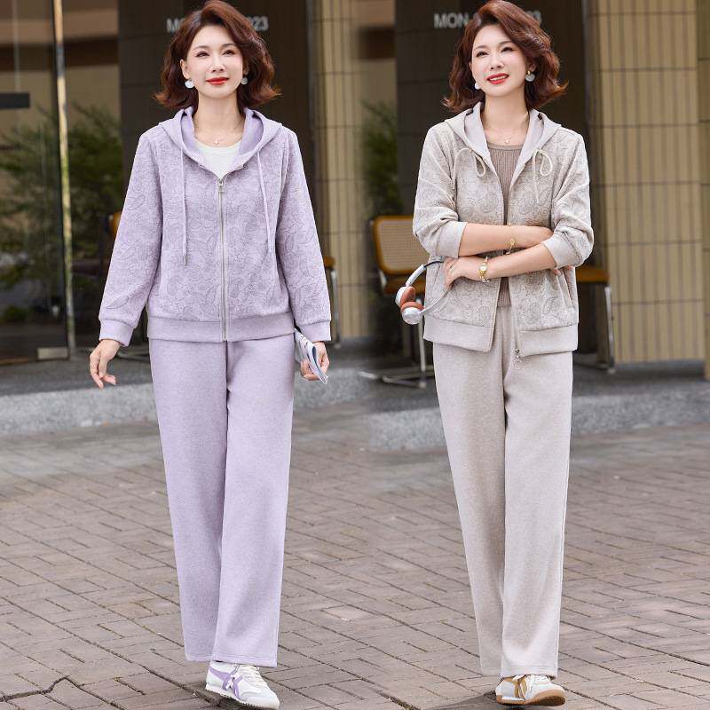 官方正品中老年秋装时尚连帽卫衣套装女春秋上衣外套妈妈装休闲运
