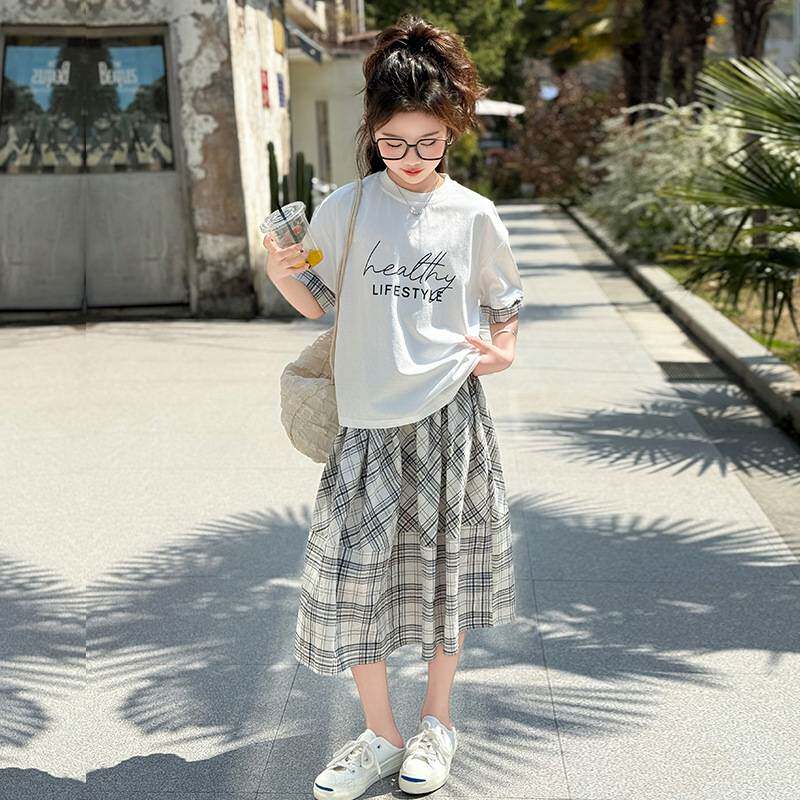 官方正品女童套装夏季T恤套装洋气2026新款儿童中大童蕾丝半身裙