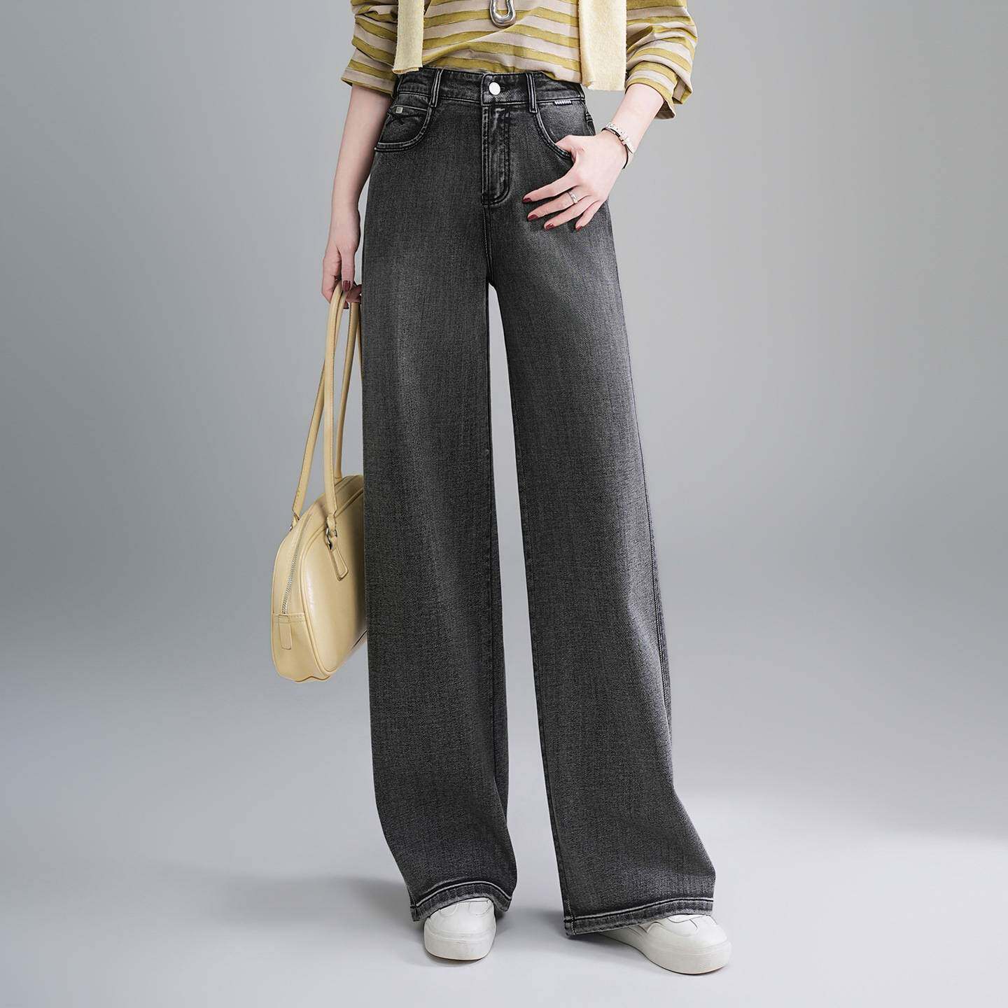 官方正品牛仔时尚灰色阔腿裤女2026春季新款韩版高腰直筒宽松垂感