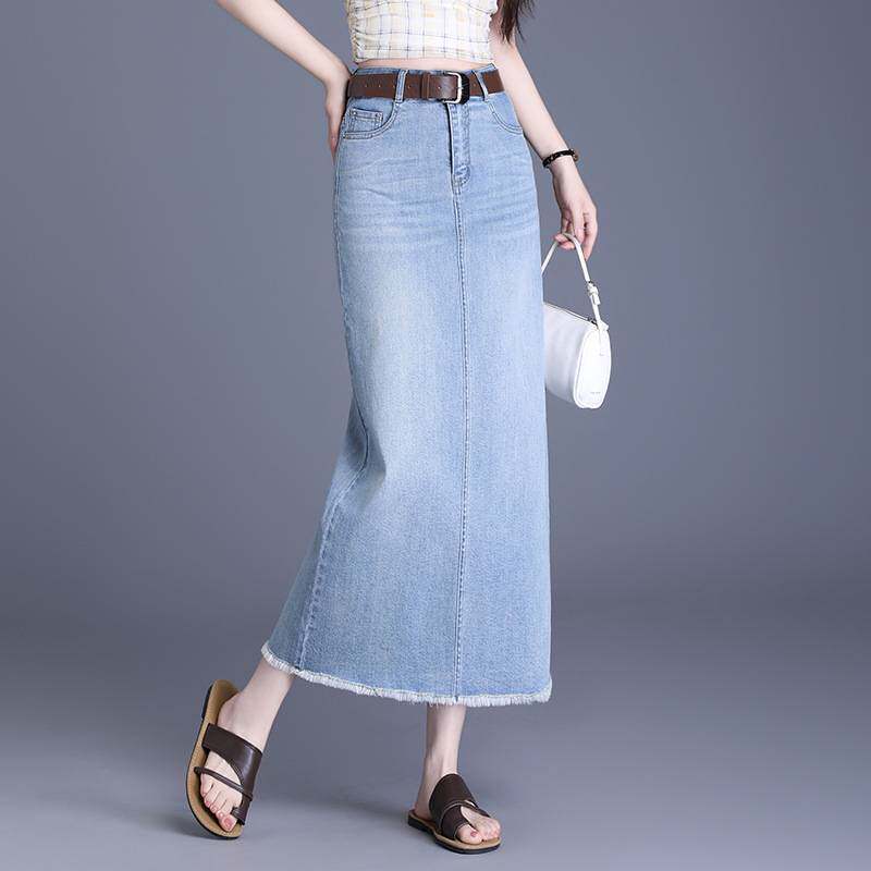 官方正品毛边牛仔半身裙女2026夏季新款高腰后开叉直筒长裙子显瘦
