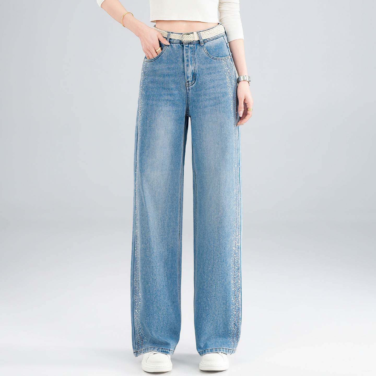 官方正品浅蓝色烫钻阔腿牛仔裤女春秋2026新款爆闪满钻弯刀显瘦直