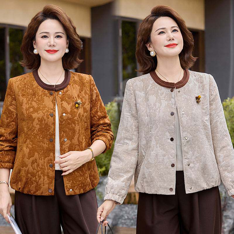 官方正品秋冬季妈妈装时尚圆领提花外套中老年女装洋气款百搭保暖