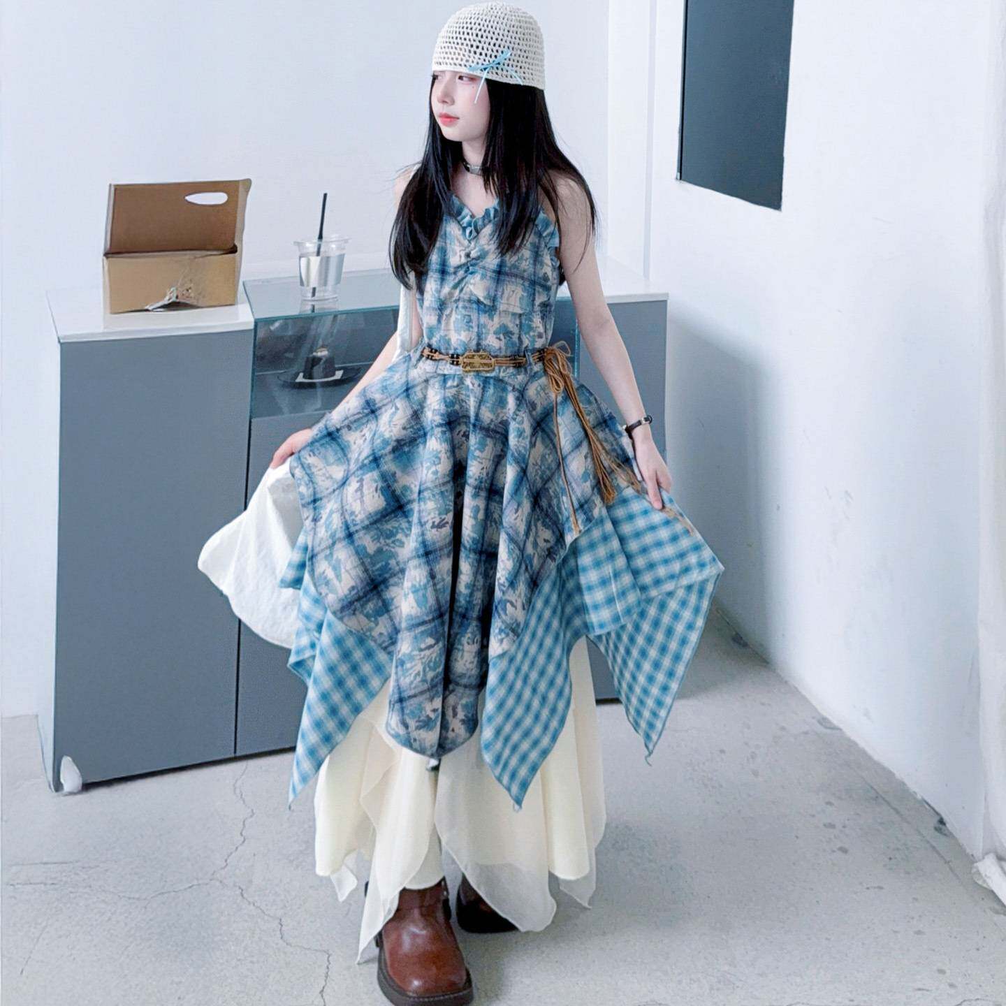 官方正品女童格子拼接吊带裙2026夏新款中大童波西米亚叠穿连衣裙