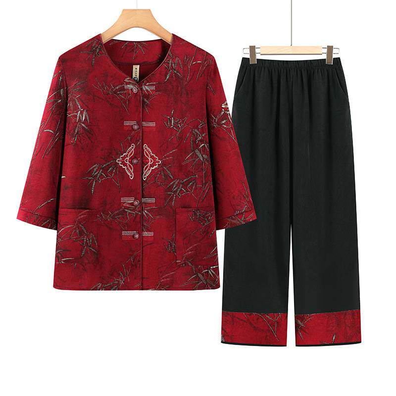 官方正品妈妈装宽松绣花上衣中老年女装夏天薄款休闲大码套装奶奶