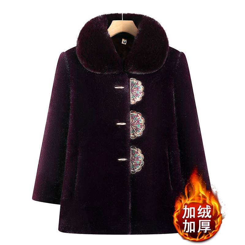 官方正品妈妈冬季新款高档仿皮草国风大衣老奶奶时尚毛领加绒加厚