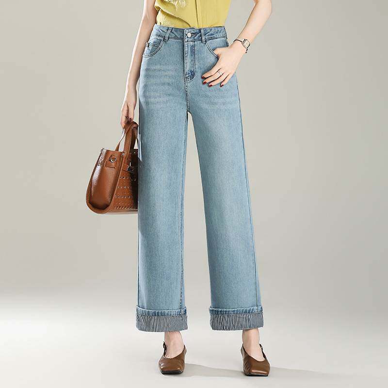 官方正品翻边阔腿牛仔裤女春夏季2026年新款小个子窄版直筒九分宽