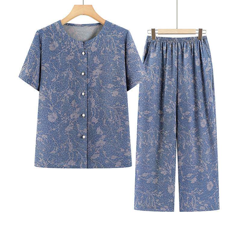 官方正品奶奶夏装短袖套装中老年女装休闲上衣裤子妈妈洋气宽松大