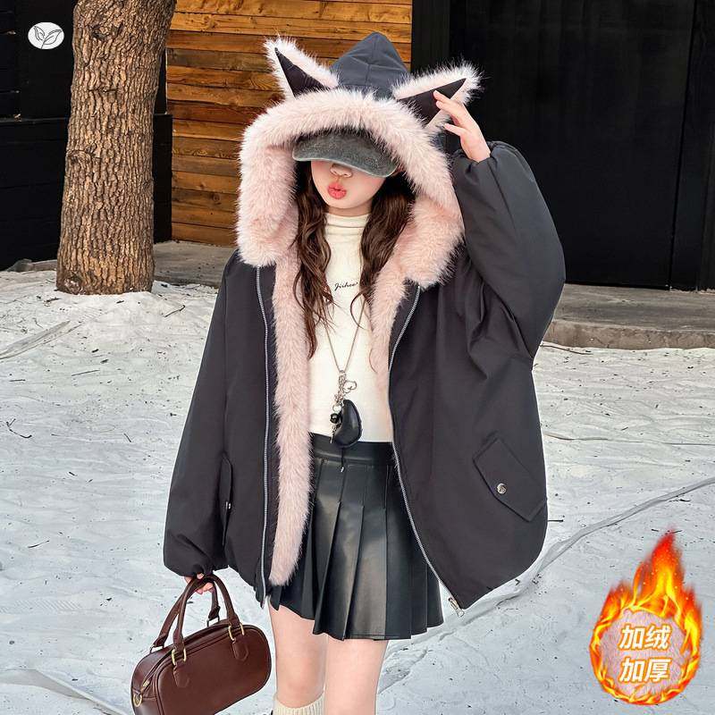 官方正品女童加绒加厚棉衣2025秋冬新款尖耳夹克衫中大童休闲冬装