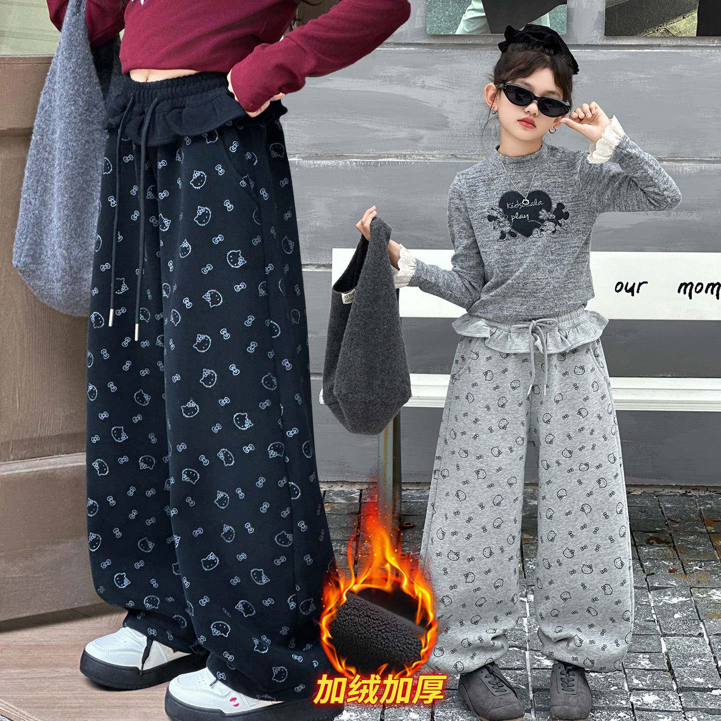 官方正品女童裤子冬季2025新款儿童装加绒加厚保暖休闲卡通猫咪卫