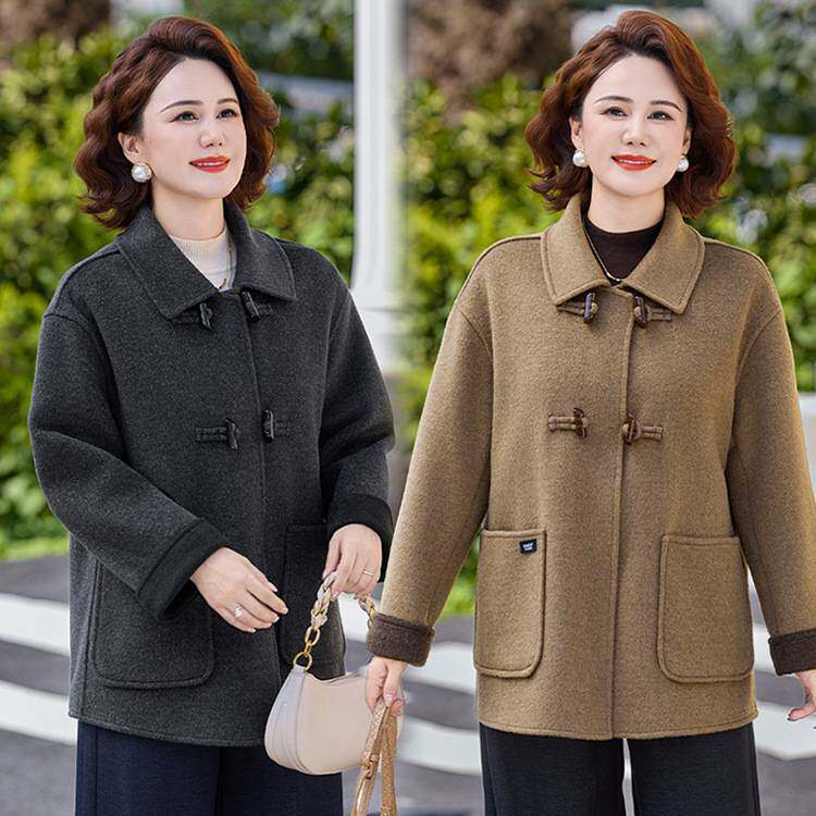 官方正品妈妈秋装宽松大码毛呢外套中老年女装洋气上衣春秋爆款双