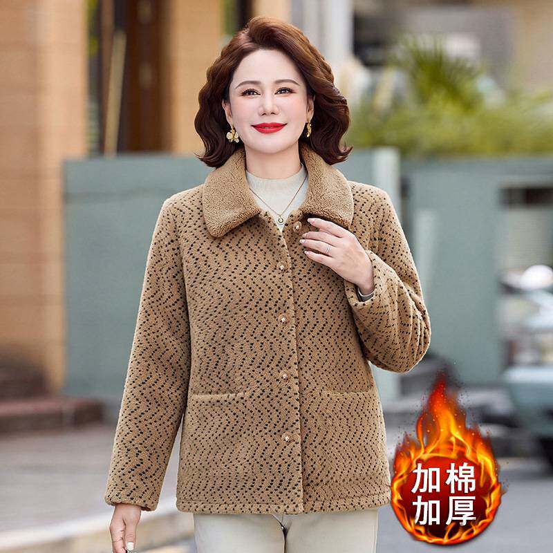 官方正品妈妈冬装时尚翻领毛呢子外套中老年女装秋冬新款加棉加厚
