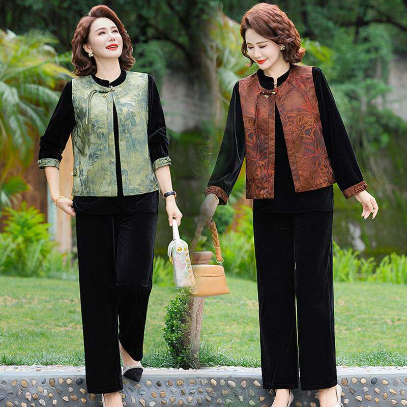 官方正品新中式妈妈春装外套金丝绒国风马甲三件套装中老年人时尚