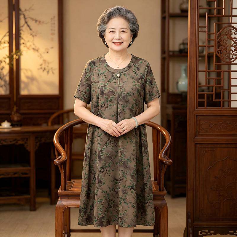 官方正品妈妈中长款裙子老太太夏装长裙中老年女装奶奶圆领碎花短