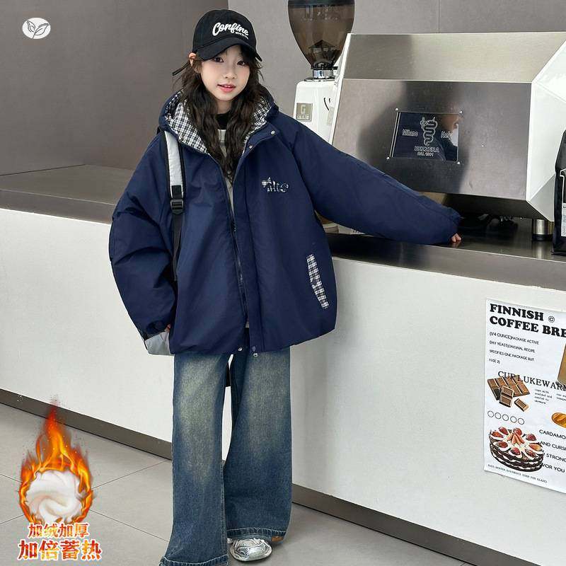 官方正品女童2025年冬季新款前片格子布拼接蝴蝶结棉袄女大童冬装