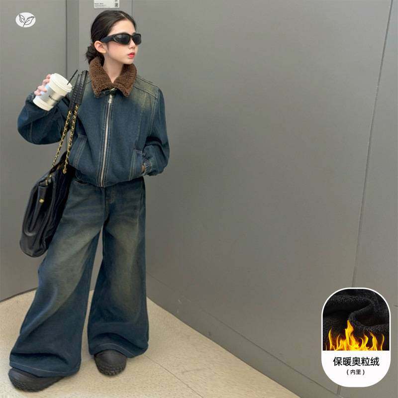 官方正品女童加绒牛仔套装2025年冬季新款中大童机车风翻领外套阔