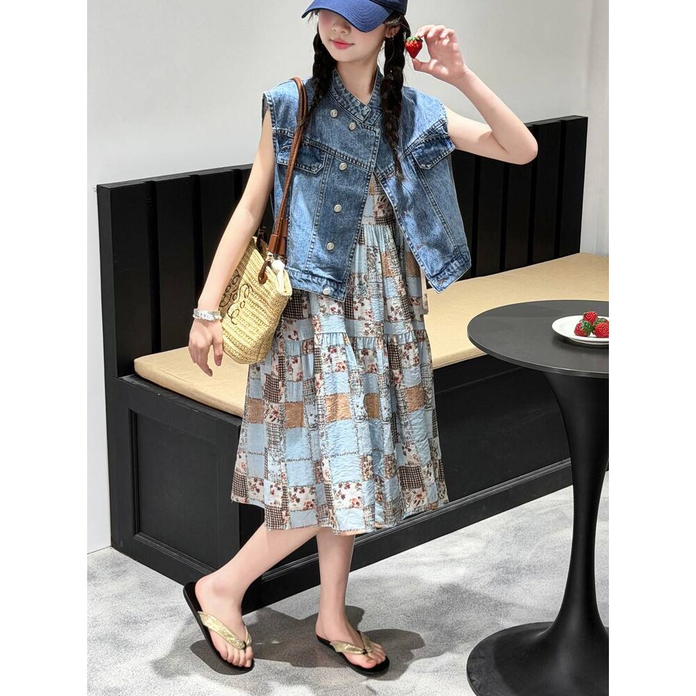 官方正品女童连衣裙套装夏季新款洋气儿童裙子女大童吊带裙牛仔马