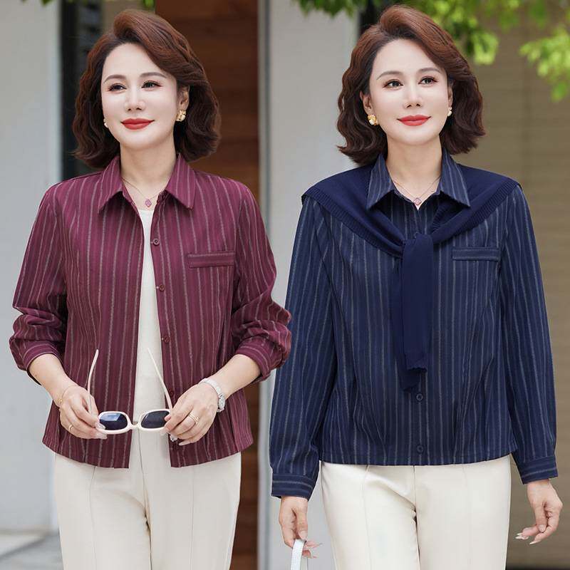 官方正品妈妈秋装条纹衬衫时尚中老年女春秋长袖上衣洋气披肩小衫