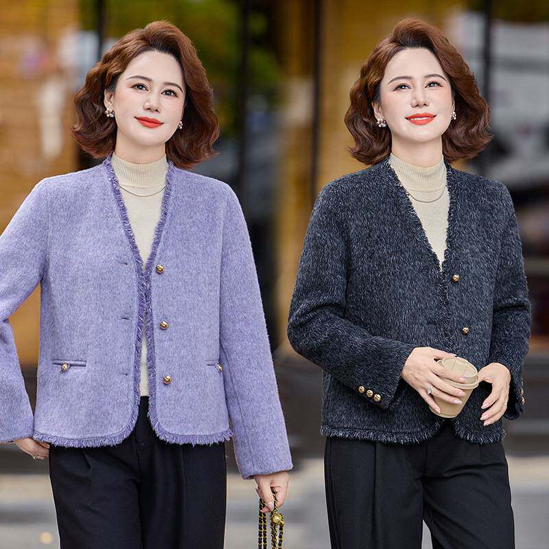 官方正品2026中老年妈妈装秋冬新款双面呢大衣女短款韩版轻熟风毛