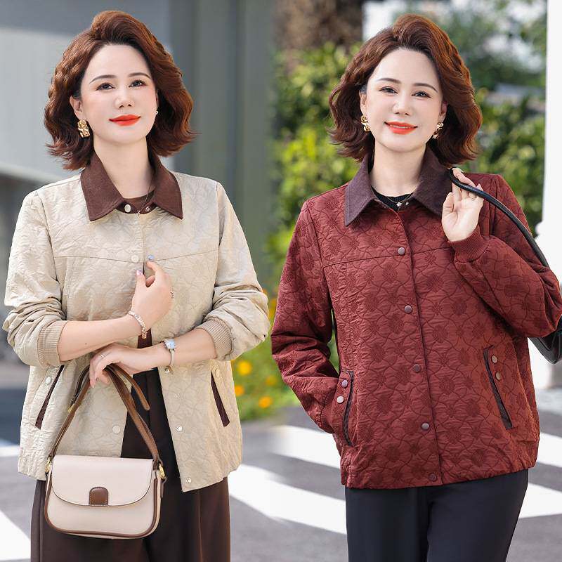 官方正品中年女装妈妈秋装翻领菱形格夹克外套女短款宽松百搭洋气
