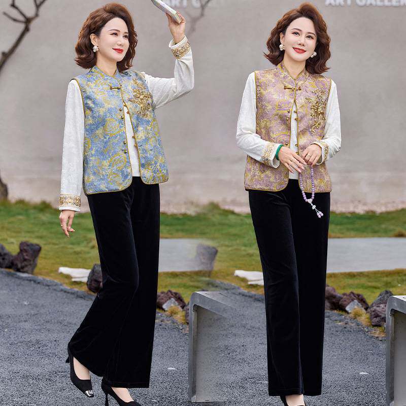 官方正品新中式妈妈春装端庄大气马甲打底裤子三件套中老年人春秋