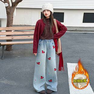 官方正品女童2025年冬季新款小马刺绣加绒牛仔裤女大童修身板正直