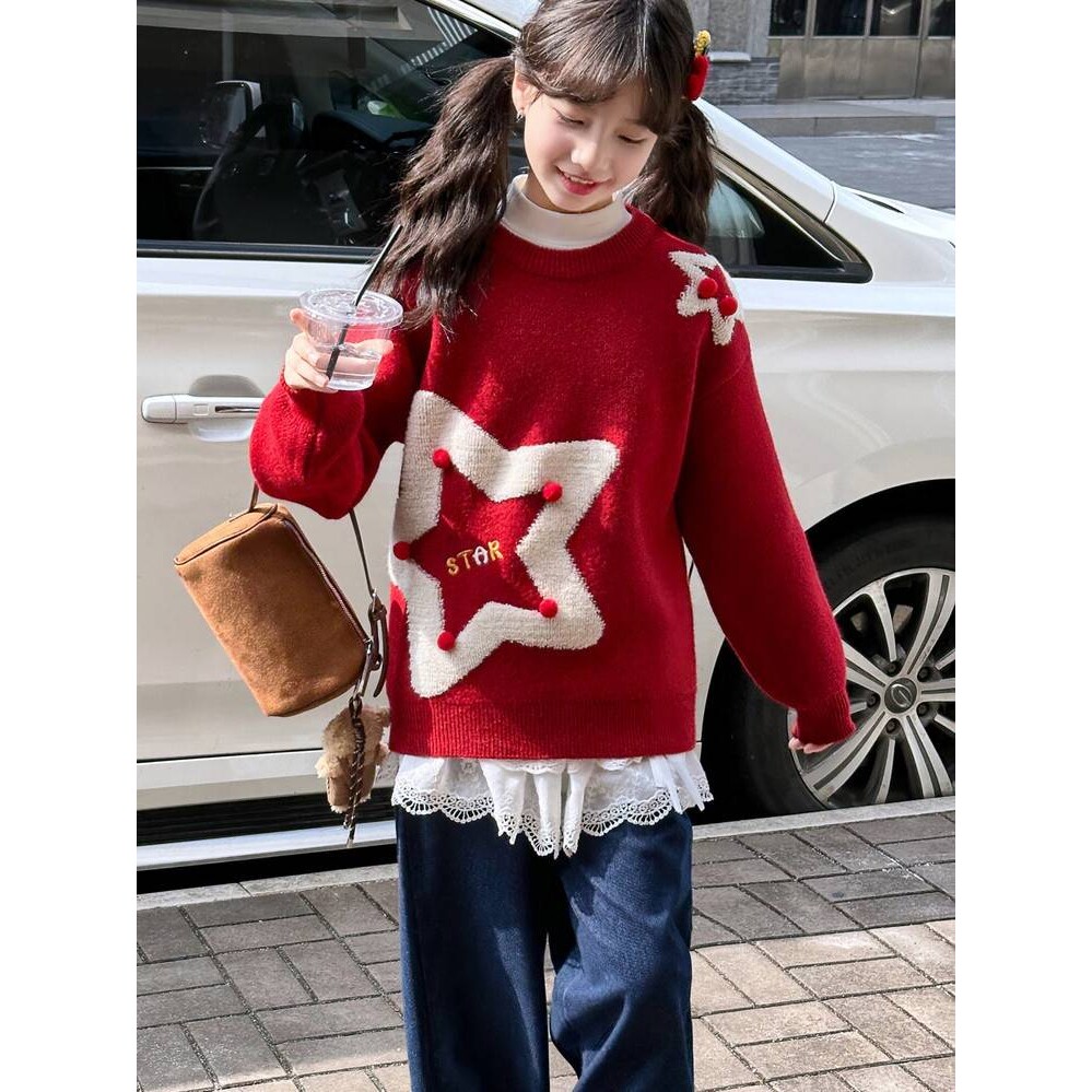 官方正品女童毛衣秋冬装2025新款女大童加厚红色针织上衣儿童冬季