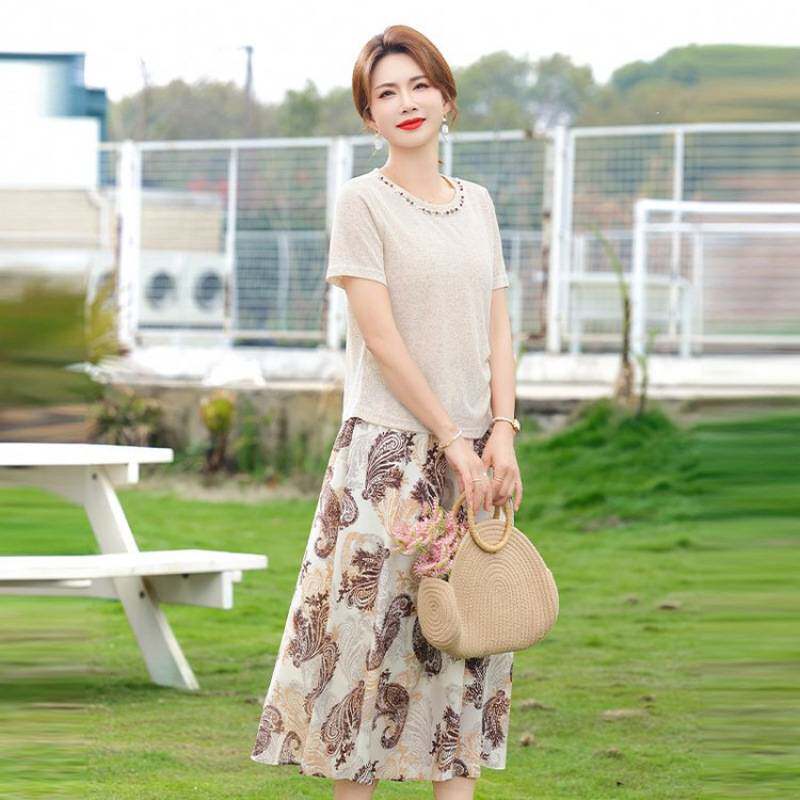官方正品中老年女装夏装百搭收腰显瘦短袖T恤上衣半身裙套装大码