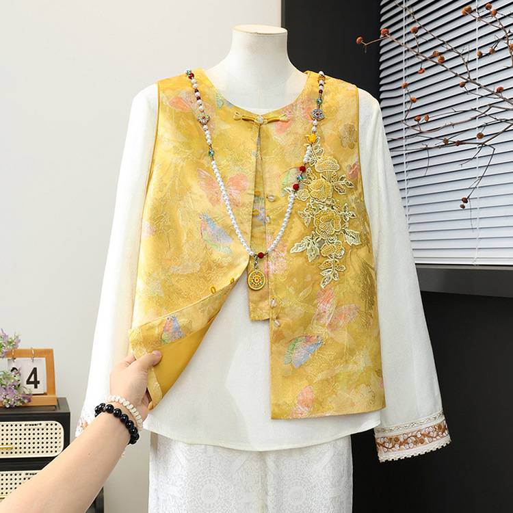 官方正品中老年女装春秋新中式时尚碎花马褂妈妈秋装国风提花马甲