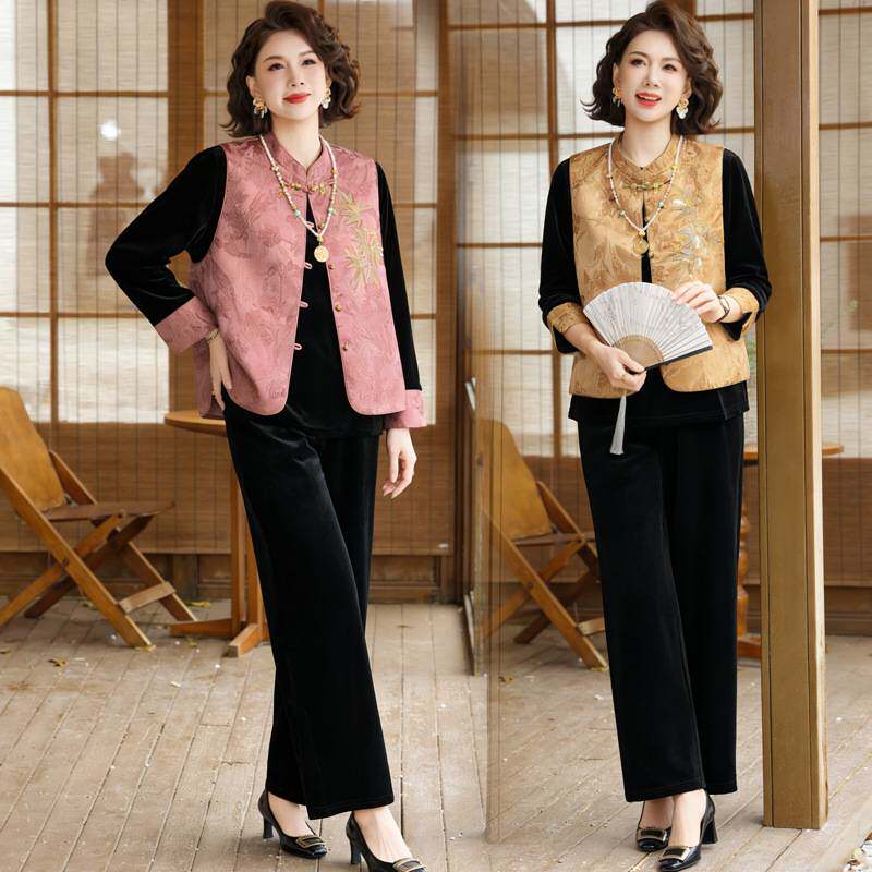 官方正品妈妈装新中式国风马甲三件套2026春秋季洋气中老年女装金