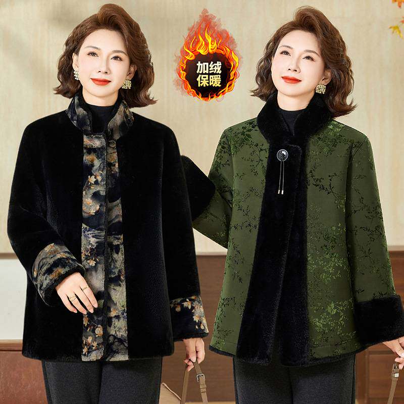 官方正品中老年女装时尚印花两面穿大衣妈妈冬装中国风立领加绒加