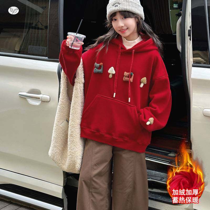 官方正品女童加绒卫衣2025年秋冬新款可爱挂饰套头衫中大童红色新