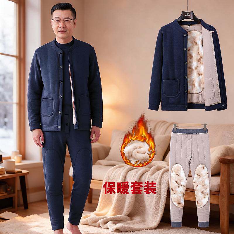 官方正品中老年人男装保暖内衣套装爸爸冬装加绒开衫棉衣爷爷冬季