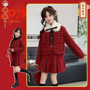 官方正品女童2025年冬新款大毛领蝴蝶结小香风加绒套装女大童JK新
