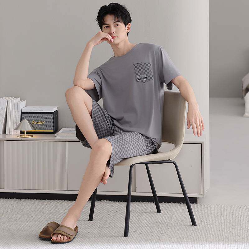 官方正品10A抗菌莫代尔棉短袖短裤男睡衣格子高级感可外穿夏天家