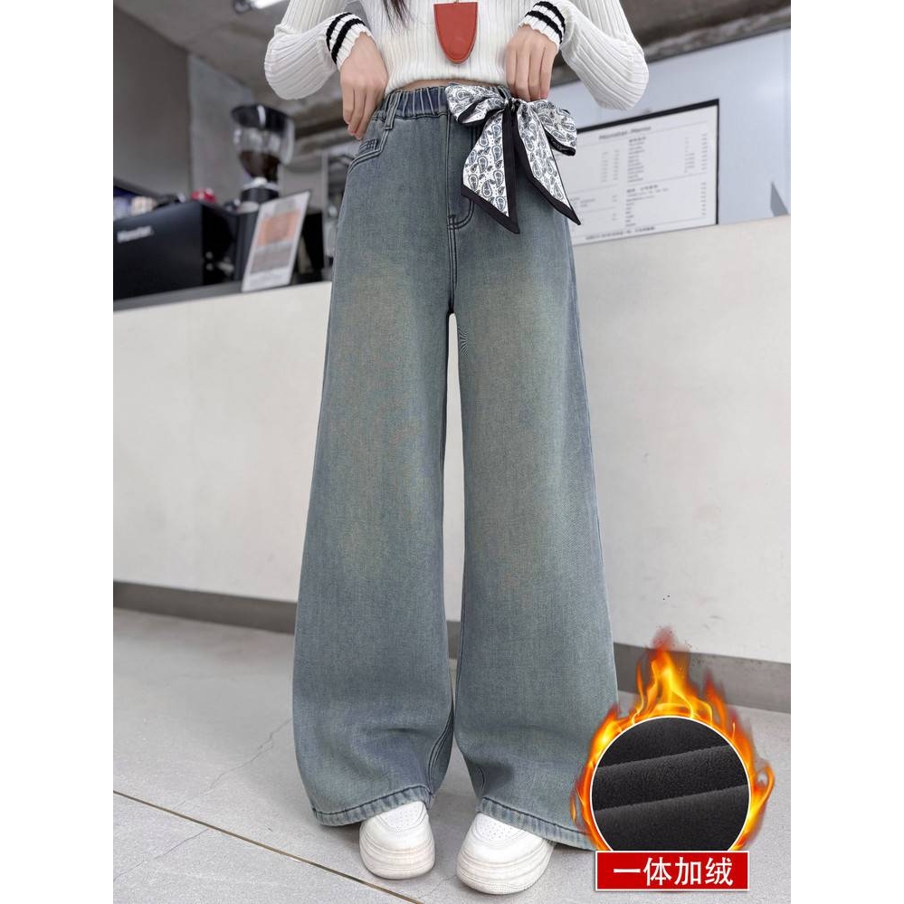 官方正品女童加绒牛仔裤2025冬款新款中大童时尚阔腿长裤一体绒加