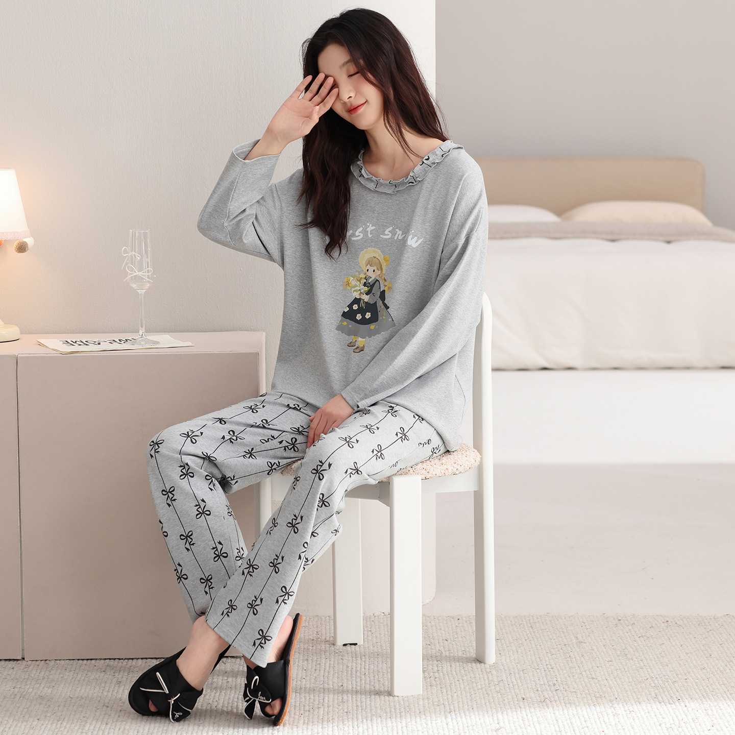 官方正品睡衣女士春秋季秋款纯棉长袖长裤家居服休闲胖mm大码灰色