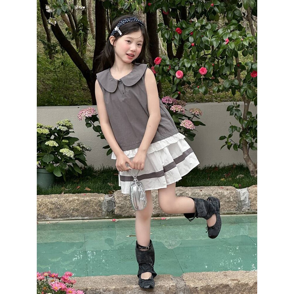 官方正品女宝超可爱学院风套装2026新款中大童娃娃领无袖背心短裙