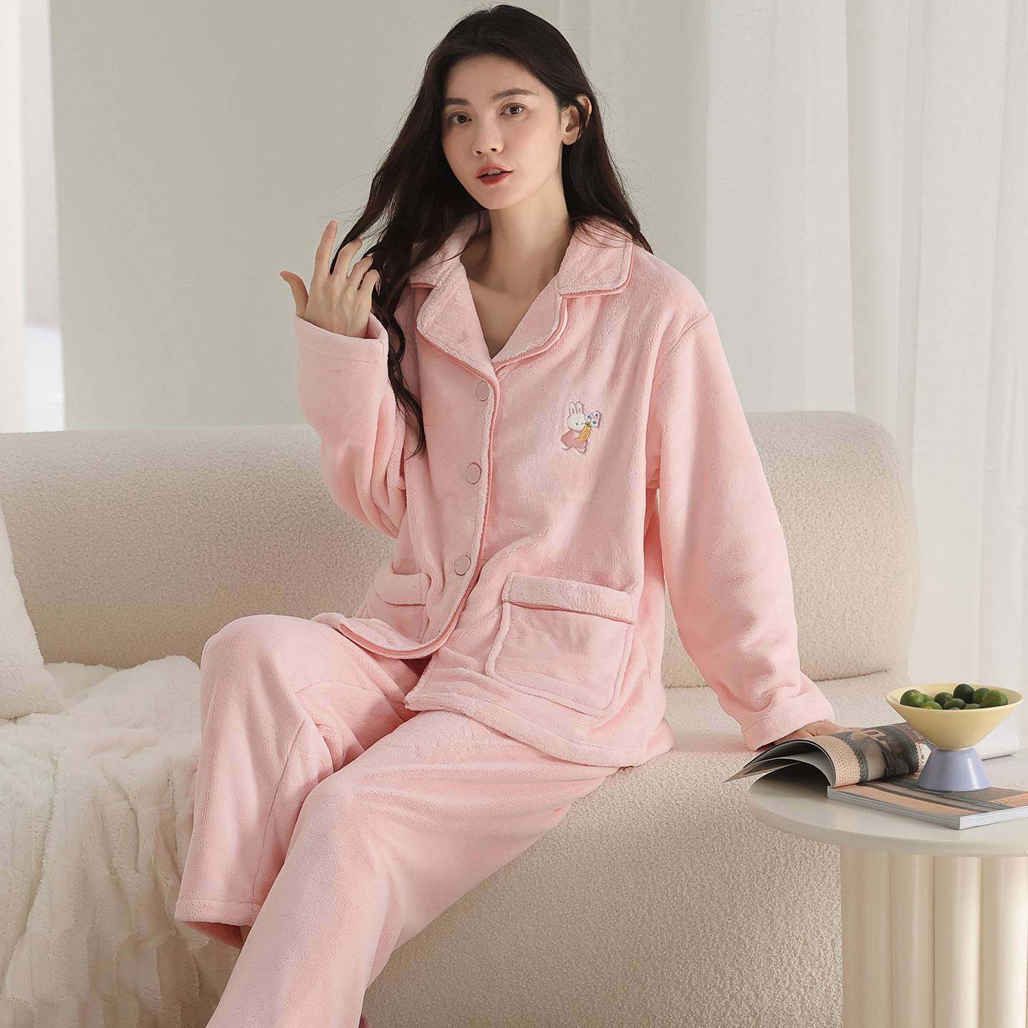 官方正品女士睡衣珊瑚绒冬季加绒加厚保暖法兰绒开衫女士翻领家居