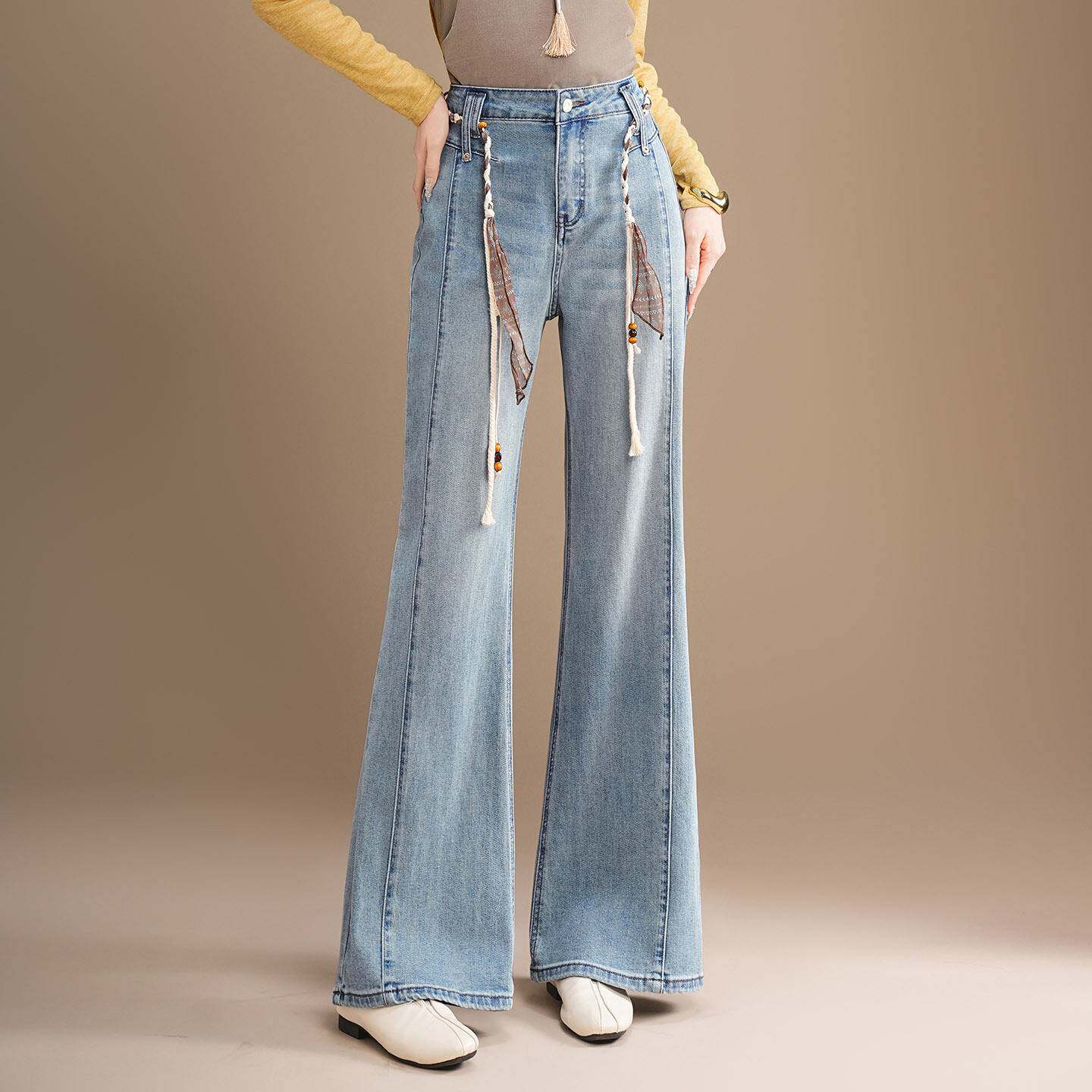 官方正品浅蓝色微喇牛仔阔腿裤女2026春季新款高腰显瘦腰带休闲直