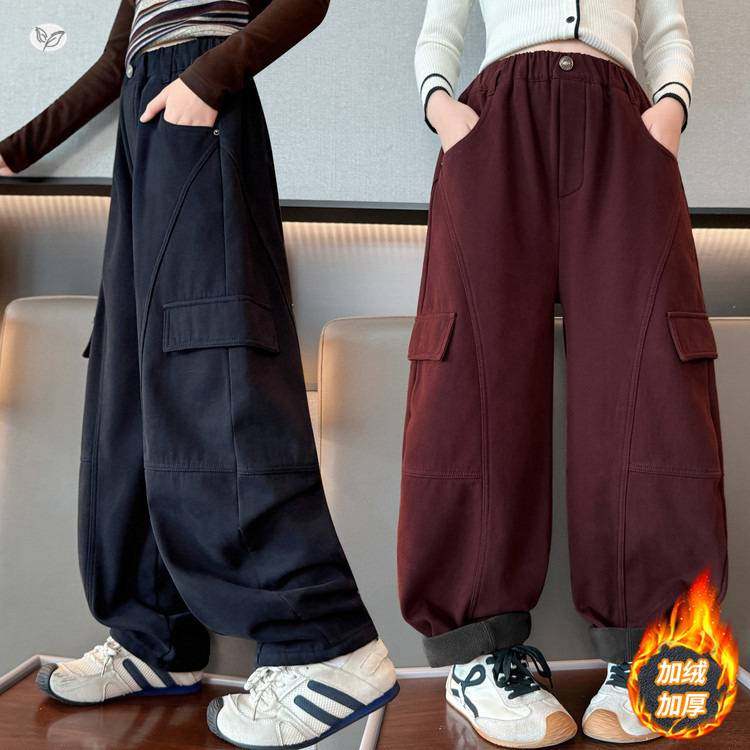 官方正品女童秋冬加绒加厚长裤2025新款棉布工装裤中大童休闲弯刀