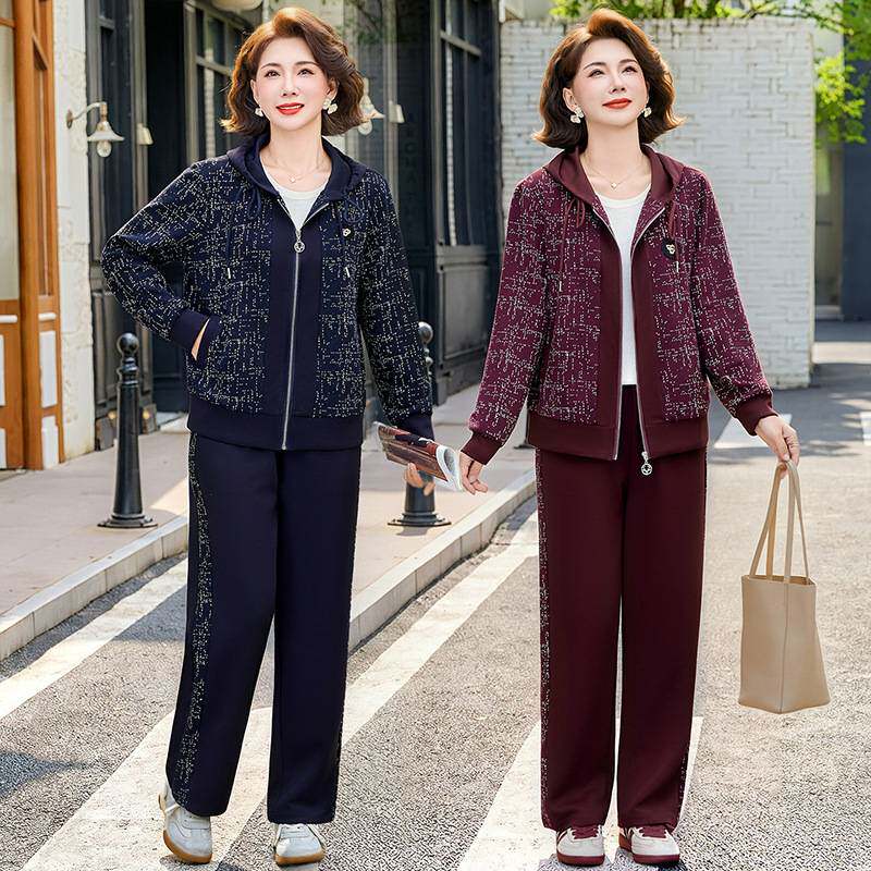 官方正品妈妈秋装韩版连帽外套长裤两件套中老年女装时尚显瘦洋气
