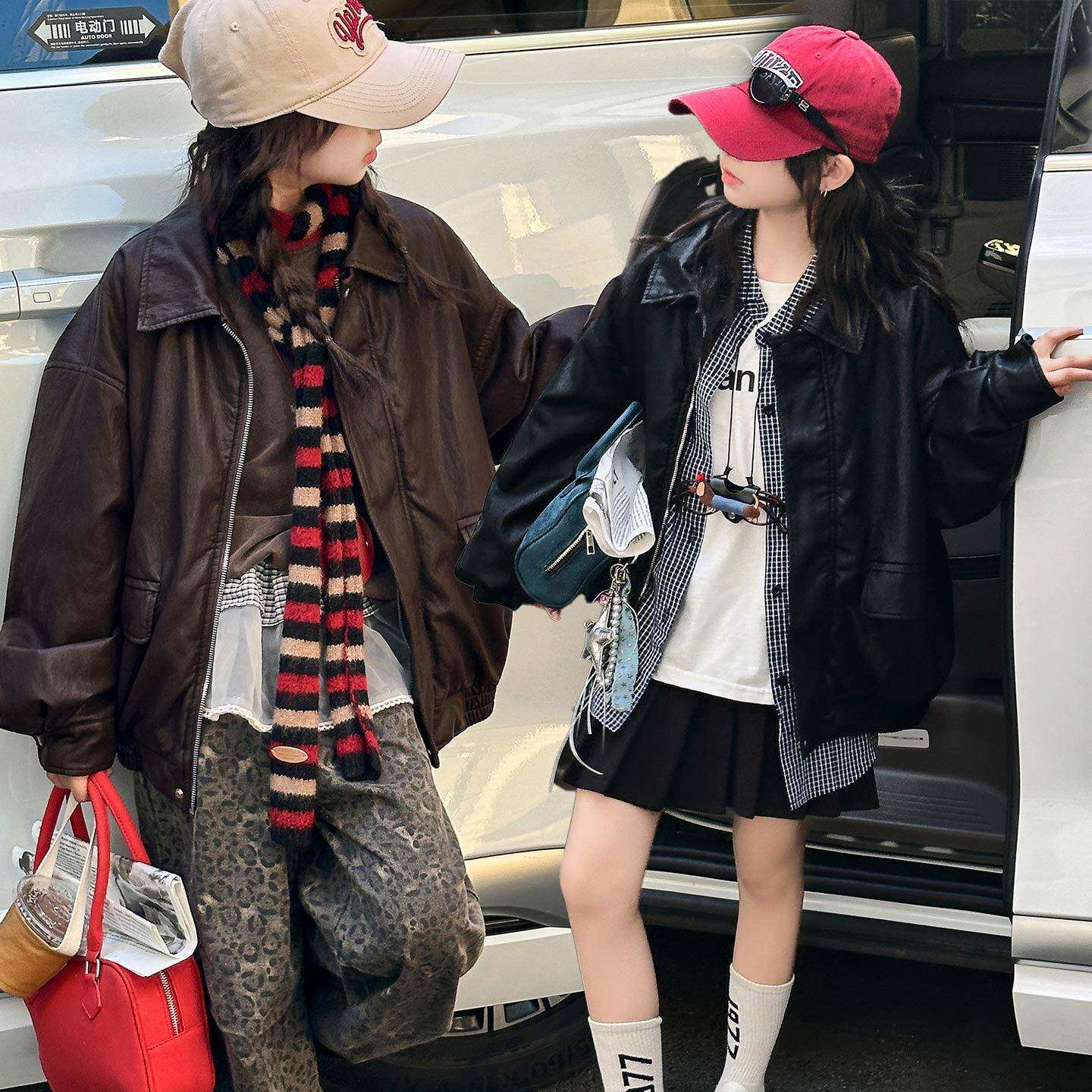 官方正品女童外套冬季2025新款大儿童装洋气加绒加厚保暖机车皮衣