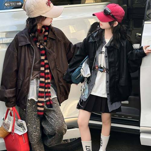 官方正品女童外套冬季2025新款大儿童装洋气加绒加厚保暖机车皮衣