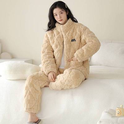 官方正品【超厚】女款夹棉睡衣冬天加厚三层保暖珊瑚绒棉袄高领家