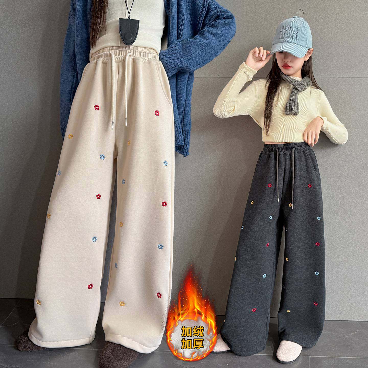 官方正品女童裤子冬季2025新款儿童针织裤加绒加厚保暖休闲绣花阔