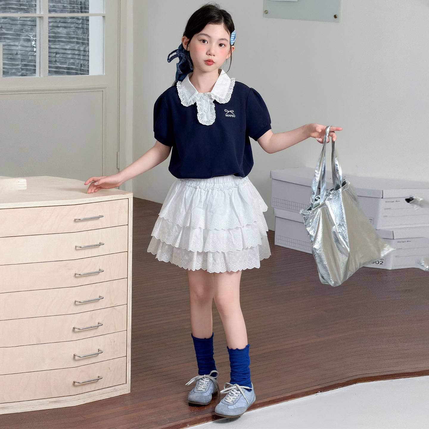 官方正品女童小香风套装2026新款洋气中大童POLO衫花边蛋糕裙甜美