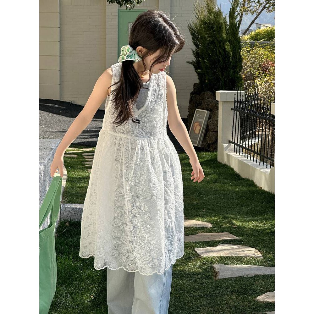 官方正品女童夏季套装2026新款甜美女孩韩系蕾丝罩衫裙背心牛仔裤