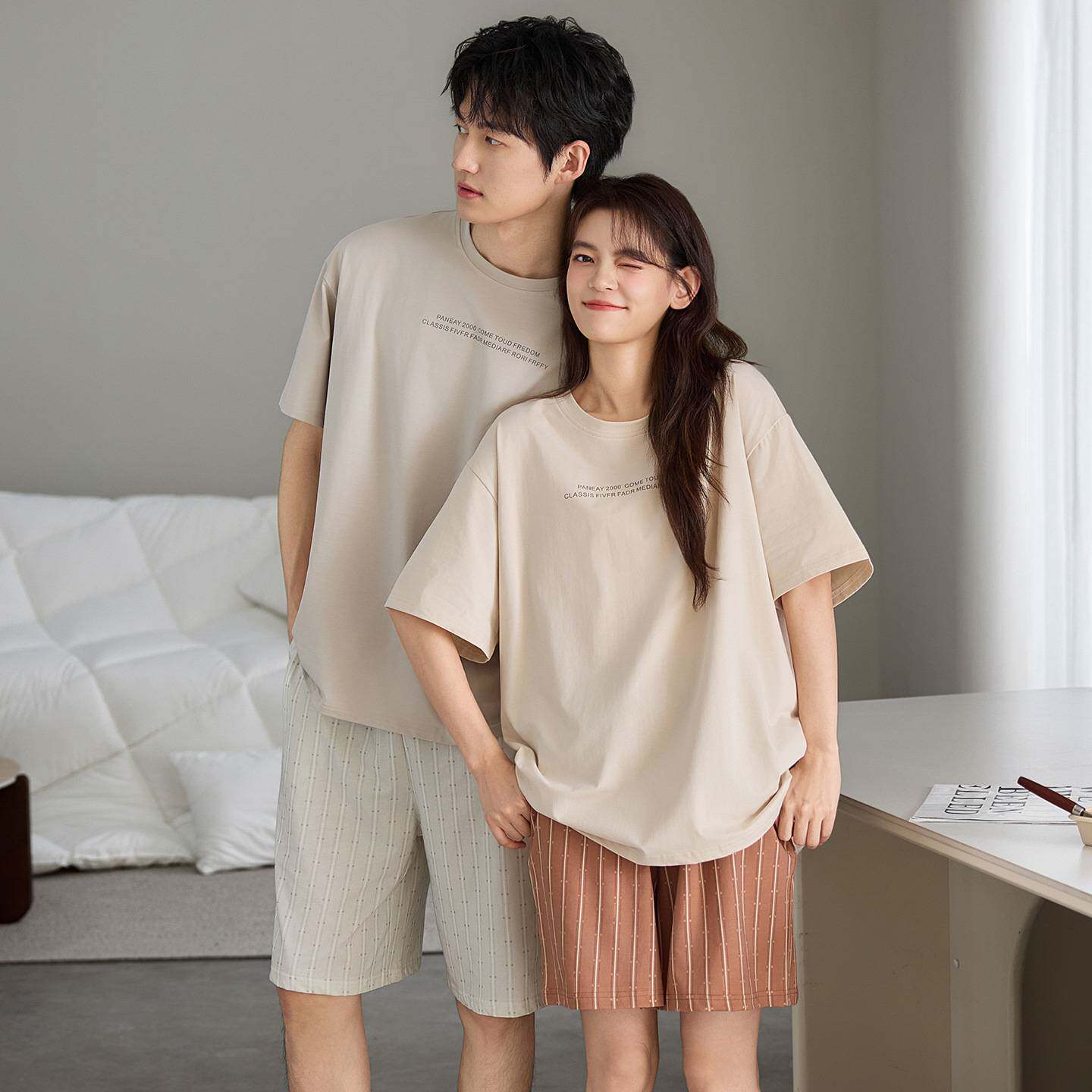 官方正品韩系风情侣睡衣女款纯棉短袖短裤高端男士夏天青少年家居