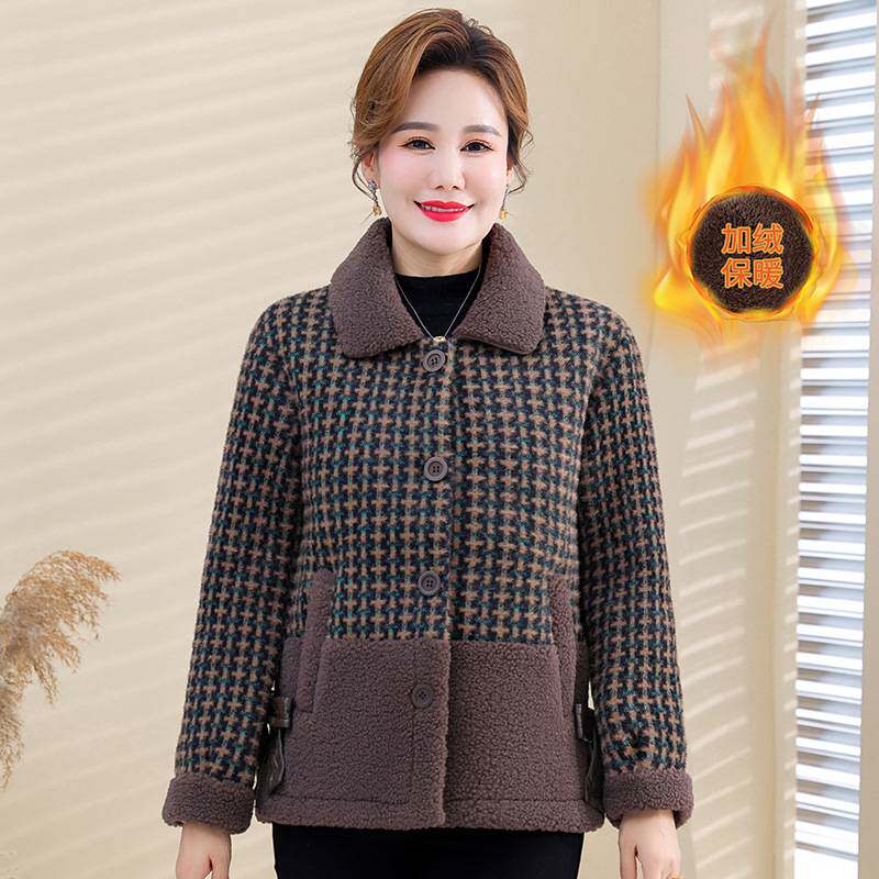 官方正品妈妈冬装时尚通勤外套中老年女装秋冬季加绒加厚翻领格子
